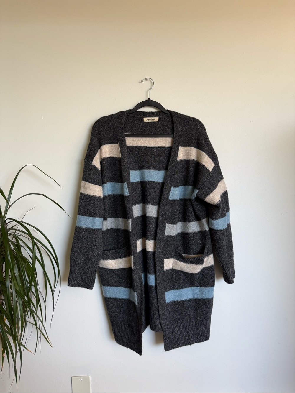 Vancouver Boutique Cozy Charcoal Stripe Blue and Cream Cardigan